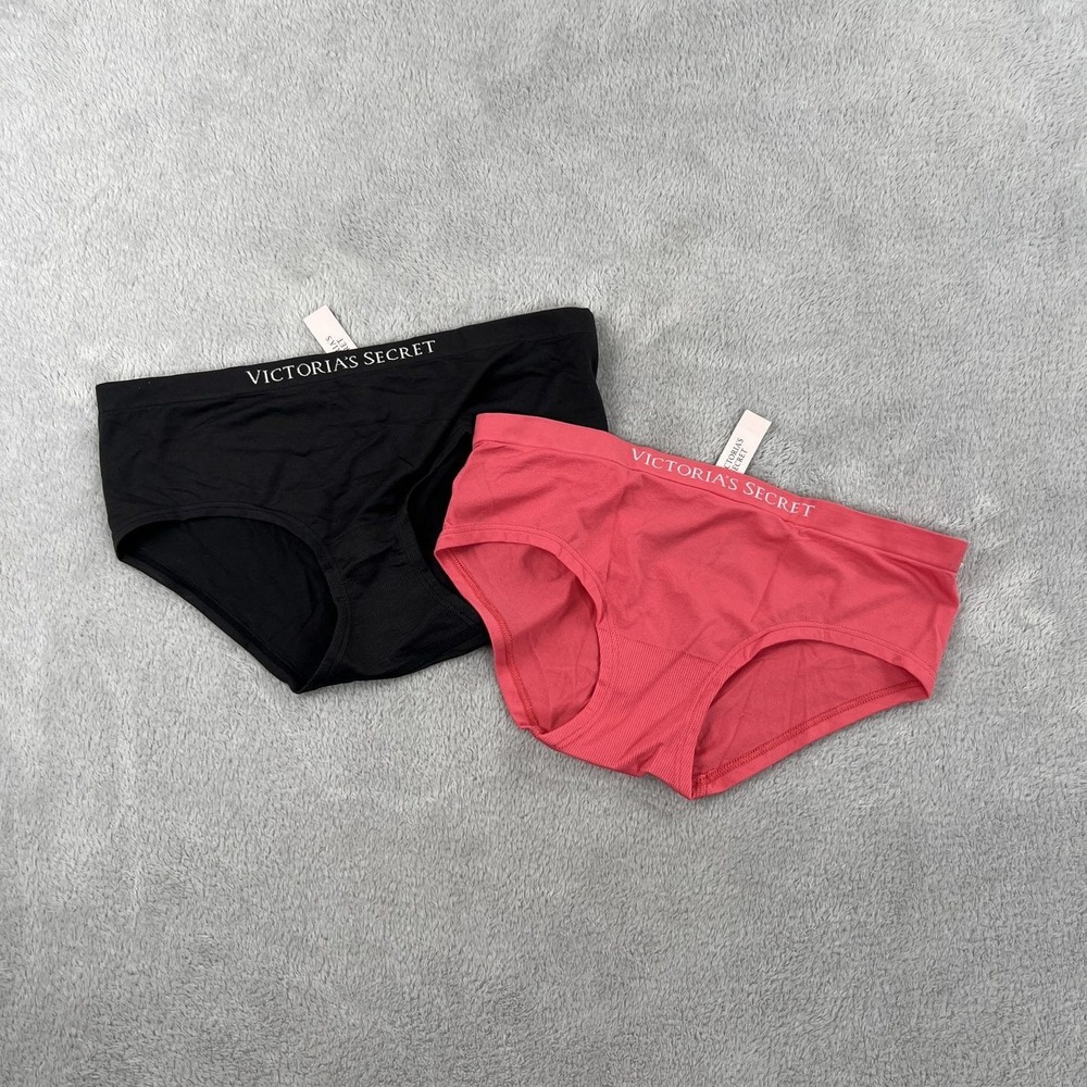 Victoria's Secret Logo Hiphugger Panties M Black Pink Women 2 Pack Lot NWT